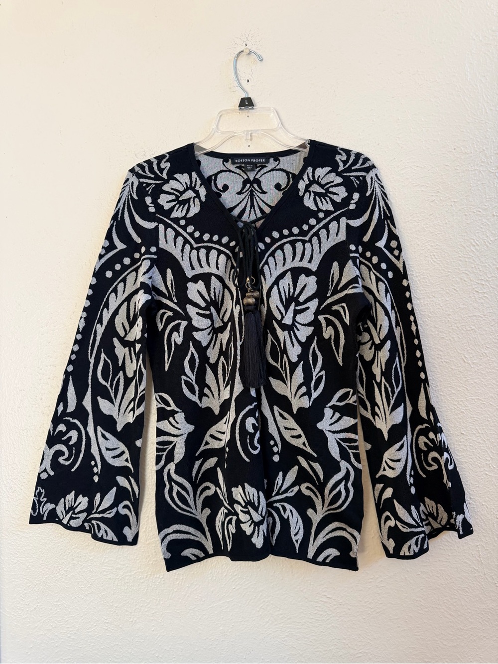 Boston Proper black silver damask tassel tie blouse